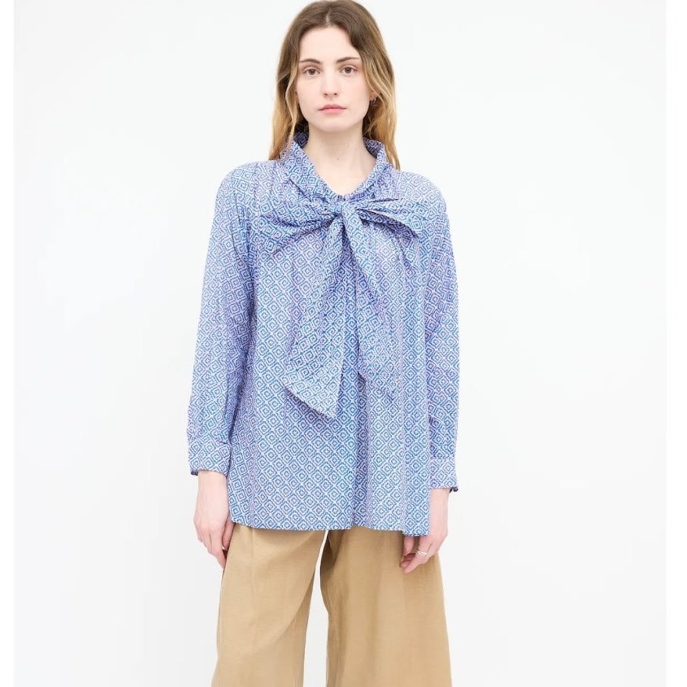 Yvonne S Bow Blouse Women's M Blue Geometric Print Tie Neck Handmade‎ Designer